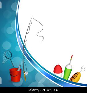 Background abstract blue white fishing rod red bucket fish net float spoon yellow green frame illustration vector Stock Vector