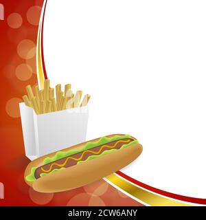 Abstract background hot dog white French fries box red yellow gold frame illustration vector Stock Vector