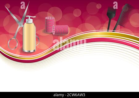 Background abstract pink hairdressing barber tools red curler scissors brush gold ribbon frame illustration vector Stock Vector