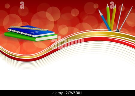 Background abstract school green book blue notebook ruler pen pencil clip compasses red yellow gold ribbon frame illustration vector Stock Vector