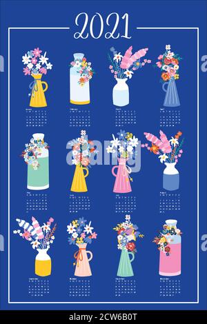 One Page Floral Calendar Design 2021. Hand drawn vector template design with flower vases on blue background. Feminine yearly calendar. Fully editable Stock Vector