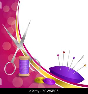 Background abstract sewing thread equipment scissors button needle pin pink violet red yellow gold ribbon frame illustration vector Stock Vector