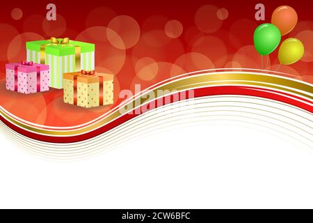 Background abstract birthday party gift box green red yellow balloons gold ribbon frame illustration vector Stock Vector