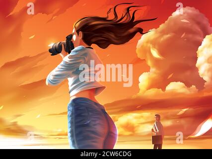 Vector illustration of the lady photographer is taking a photo of the beautiful sunset and the farther man is stealing her glance Stock Vector