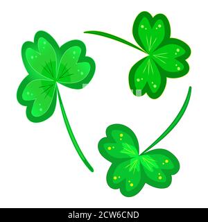 Clover isolated on white background. Lucky three leaf clovers or shamrocks icon for St Patricks day. Set of green clover leaves. Vector illustration Stock Vector