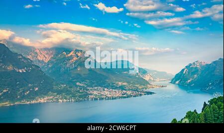 Como Lake panoramic landscape. Lake, Alps and Mandello del Lario village view from Civenna. Italy, Europe. Stock Photo