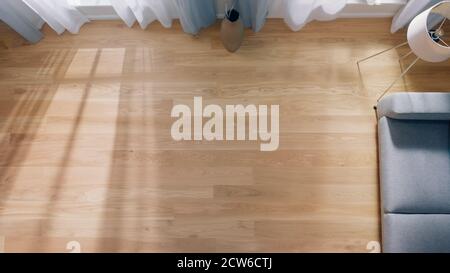 Cozy Living Room with Modern Interior, Grey Sofa and Wooden Flooring Lit By Warm Light out of the Window. Top View Camera Shot. Stock Photo