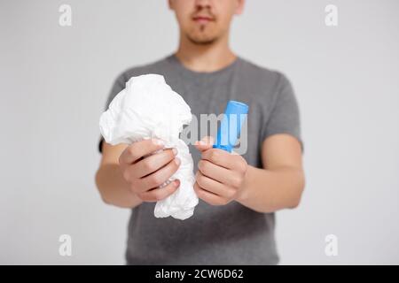 close up of plastic bags for garbage in male hands Stock Photo
