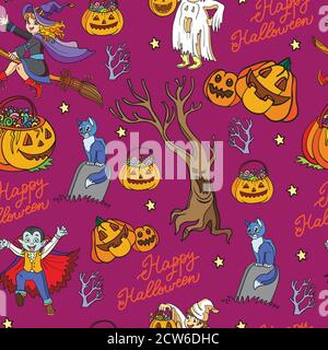 Halloween Seamless pattern with pumpkins, vampire, cat Stock Vector