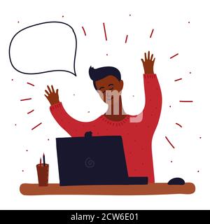 Vector cartoon illustration of black african boy blogging in internet, learn or playing game. Some exclamation mark around him and speech bubble. E Stock Vector