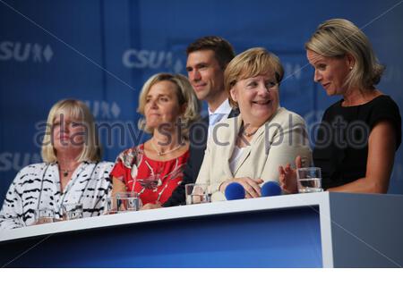 Angela Merkel speaking in Erlangen, Bavaria, during a whistle stop tour of Germany during the Germany federal general election in 2017 Stock Photo