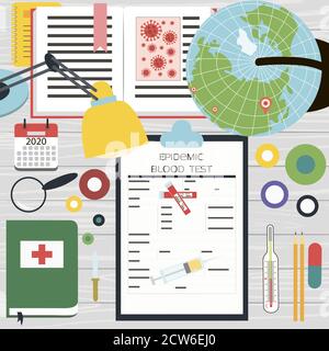 The patient to test for the coronavirus. Top view of the doctor s Desk with flasks, office and a globe marked China. Stock Vector