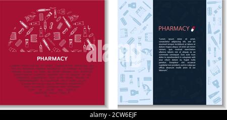 Online Pharmacy concept banner with text place. Vector medical illustration. Vector image on a banner of a microscope, tablets, pills, thermometer, medicine, patch. Stock Vector