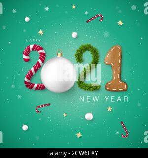 Happy New Year 2021. Creative festive lettering. Candy and Christmas ball pine and gingerbread cookie. Template for holiday banner or greeting card. V Stock Vector