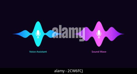 Wave shape with microphone for voice assistant. Abstract sound wave, voice recognition and command, audio waveform of smart assistant. Vector element Stock Vector