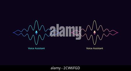 Outlined sound wave shape with microphone for voice recognition. Abstract audio wave silhouette, voice command control, line acoustic waveform. Vector Stock Vector