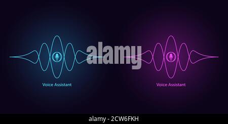 Sound wave shape with microphone for virtual voice assistant. Abstract audio wave, voice search and control, acoustic line waveform. Vector element fo Stock Vector