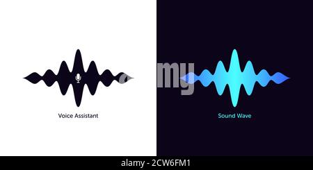 Sound wave shape with microphone for virtual voice assistant. Abstract audio wave, voice command control, acoustic waveform with gradient. Vector elem Stock Vector