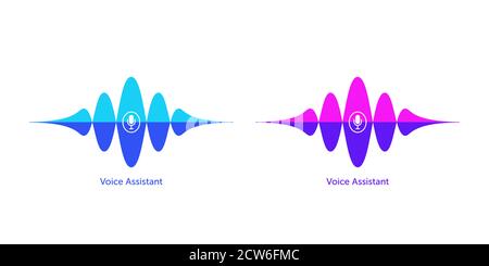 Sound wave shape with microphone for virtual voice assistant. Abstract audio wave, voice search and control, acoustic waveform. Vector element for voi Stock Vector