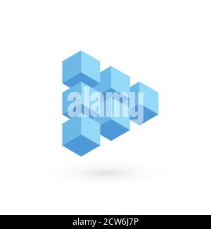 Play button for digital media, audio and video, triangular shape from 3D cubes, blue volumetric figure, architecture symbol. Isolated vector logo Stock Vector