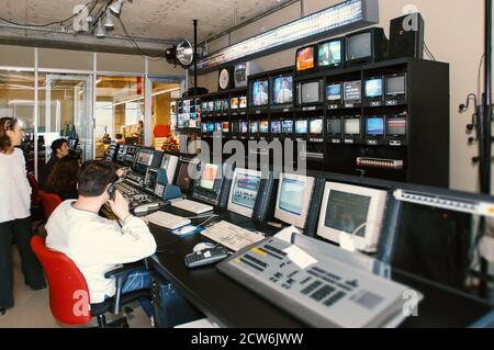 Istanbul, Turkey, 08/10/2015; CNN International Istanbul branch studios. View from a control room with working people Stock Photo