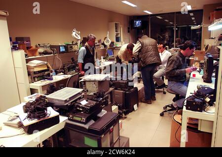 Istanbul, Turkey, 08/10/2015; CNN International Istanbul branch studios. View from tech room with working people Stock Photo