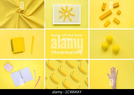 Yellow collage, concept color of year 2021. Nine different photo and name of color in centre. Stock Photo