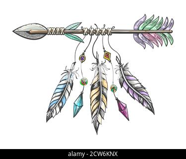 Hand drawn arrow with feathers. Tribal boho indian talisman isolated on white background. Vector illustration Stock Vector