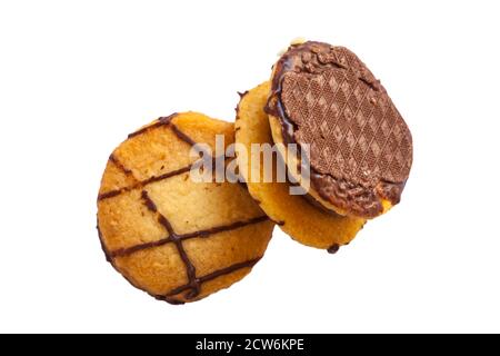 Mocha biscuits from box of Marks & Spencer The Collection Mini Biscuit Selection isolated on white background - looking down on from above Stock Photo