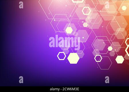 Abstract medical background DNA research, molecule, genetics, genome, DNA chain. Genetic analysis art concept with hexagons, lines, dots Stock Photo