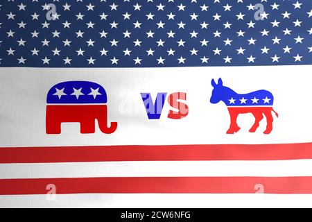 Republican elephant vs Democratic donkey emblem icon on american flag illustration design, USA Presidential election 2020 concept, Editorial. Stock Photo