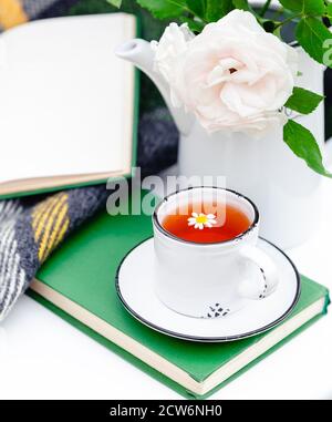 Cup of herbal tea with chamomile on white table outside in garden. Romantic leisure breakfast with nature grass background in provence cafe. Stock Photo