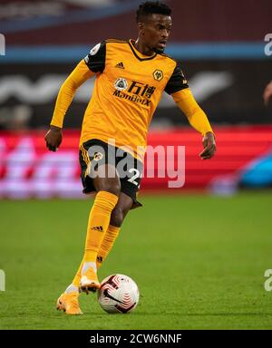 London, UK. 27th Sep, 2020. Nlson Semedo of Wolves during the Premier League match between West Ham United and Wolverhampton Wanderers play behind closed doors due to current government covid-19 guidelines in Sport, played at the Olympic Park, London, England on 27 September 2020. Photo by Andy Rowland. Credit: PRiME Media Images/Alamy Live News Stock Photo