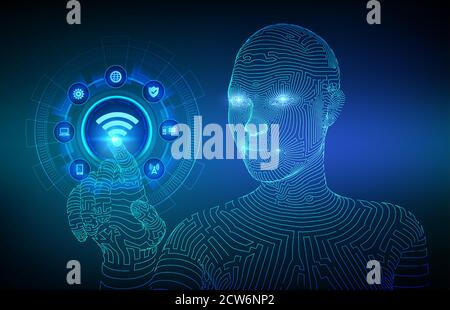 Wi Fi wireless connection concept. Free WiFi network signal technology internet concept. Mobile connection zone. Data transfer. Robotic cyborg hand Stock Vector