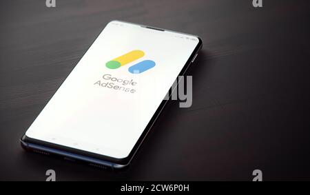 KYIV, UKRAINE-JUNE, 2020: Google Adsense Mobile Application on the Smartphone Screen. Close-up Studio Shot of Smartphone with Google Adsense Application. Stock Photo