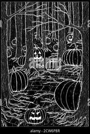 Black vector illustration with path or trailway, scary pumpkin head and lanterns hiding behind the  gloomy trees in dark forest or woods. Halloween ba Stock Vector