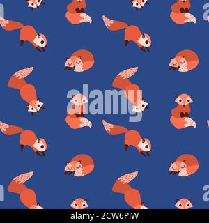 Cute cartoon foxes seamless pattern. Woodland animals on blue background. Vector illustration. Stock Vector