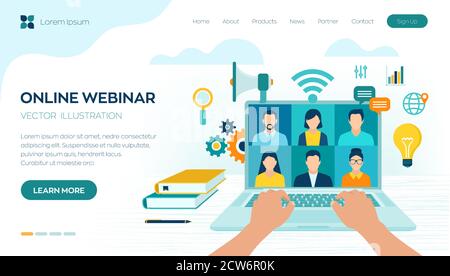 Webinar. Internet conference. Web based seminar. Distance Learning. E-learning Training business concept. Video tutorials and courses. Online meeting Stock Vector