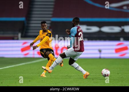 London, UK. 27th Sep, 2020. Nlson Semedo of Wolves during the Premier League match between West Ham United and Wolverhampton Wanderers play behind closed doors due to current government covid-19 guidelines in Sport, played at the Olympic Park, London, England on 27 September 2020. Photo by Andy Rowland. Credit: PRiME Media Images/Alamy Live News Stock Photo