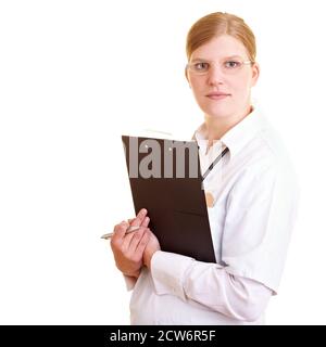 Blonde woman in doctor's coat with clipboard Stock Photo