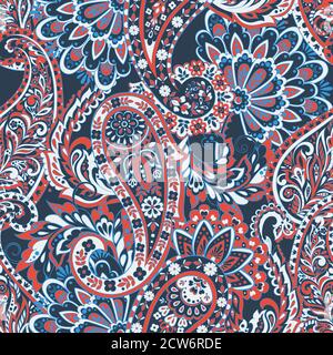 Floral seamless pattern with paisley ornament. Vector illustration in asian textile style Stock Vector