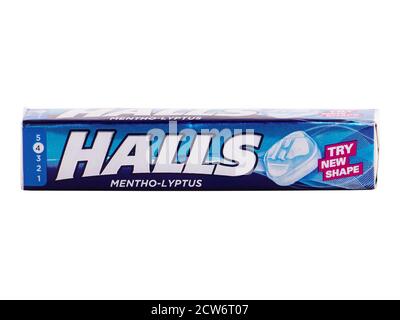 BUCHAREST, ROMANIA - APRIL 5, 2015. Halls Mentho-Lyptus. Halls is the brand of a popular mentholated cough drop. Halls cough drops are owned by Mondel Stock Photo