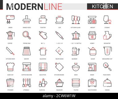 Kitchen flat line icon vector illustration set. Red black thin linear kitchenware utensil, glass dishware, equipment tools for cooking food and household appliances mobile app symbols collection Stock Vector