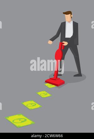 Business executive in suit sucking money off the floor with red vacuum cleaner. Conceptual vector illustration for metaphor Stock Vector