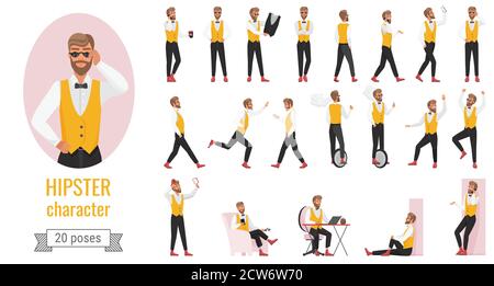 Hipster character poses infographic vector illustration set. Cartoon flat young bearded hipster man in yellow vest, walking with smartphone, working on laptop in different postures isolated on white Stock Vector