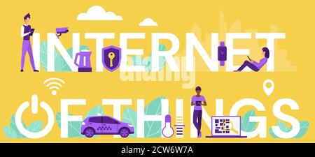 Internet of things lettering vector illustration. Cartoon flat iot concept with smartphone remote control, using for pc or car, home cloud security and housing system, smart house digital controlling Stock Vector