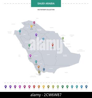 Saudi Arabia map with location pointer marks. Infographic vector template, isolated on white background. Stock Vector