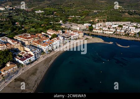 Aerial view of the fishing village of Llanca on the Costa Brava, Catalonia, Spain