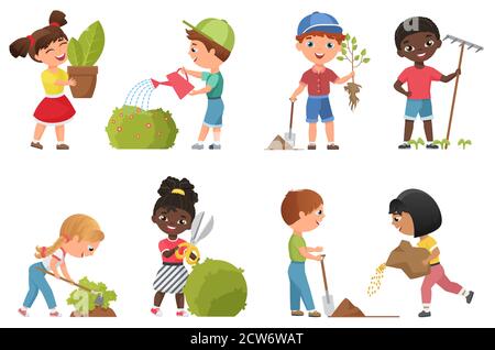 Kids gardening vector illustration set. Cartoon flat garden work collection with happy friends children characters planting and watering greenery, standing with green plant in hand isolated on white Stock Vector