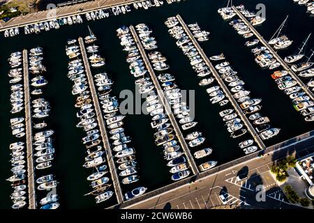 Aerial view of the harbour in the fishing village of Llanca on the Costa Brava, Catalonia, Spain